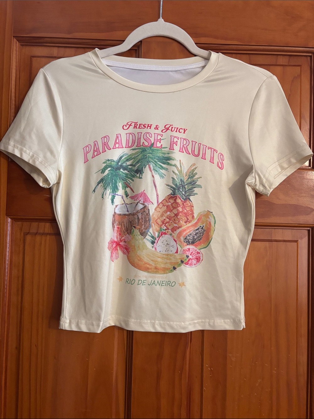 SHEIN Cream "Paradise Fruits" Short Sleeve Graphic Tee with Pink Detail